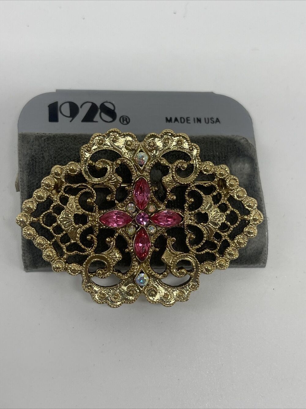 Vintage 1928 Antique Hold Tone Pink Crystal Brooch New